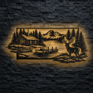 Oversized rustic cabin lake metal art with LED backlighting