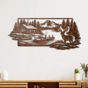 Cabin Lake Metal Wall Art, Oversized Rustic Deer and Mountain Decor, Optional RGB LED, Woodland Home Gift