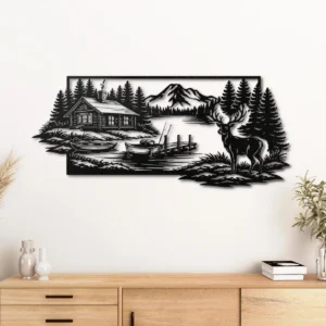 Cabin Lake Metal Wall Art, Oversized Rustic Deer and Mountain Decor, Optional RGB LED, Woodland Home Gift
