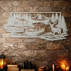Cabin Lake Metal Wall Art, Oversized Rustic Deer and Mountain Decor, Optional RGB LED, Woodland Home Gift