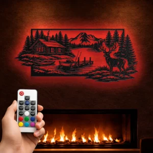 Cabin Lake Metal Wall Art, Oversized Rustic Deer and Mountain Decor, Optional RGB LED, Woodland Home Gift