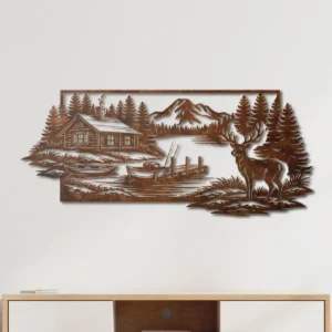 Cabin Lake Metal Wall Art, Oversized Rustic Deer and Mountain Decor, Optional RGB LED, Woodland Home Gift