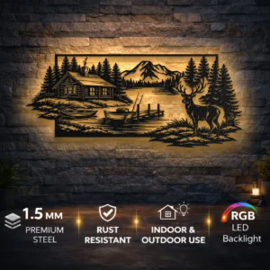Cabin Lake Metal Wall Art, Oversized Rustic Deer and Mountain Decor, Optional RGB LED, Woodland Home Gift