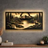 Oversized rustic metal wall art depicting a cabin and waterfall.