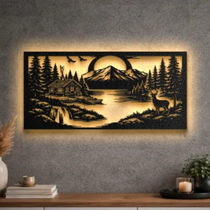 Oversized rustic metal wall art depicting a cabin and waterfall