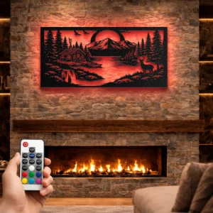 Cabin Waterfall Mountain Scene Metal Art, Oversized Rustic Wilderness Decor, Optional RGB LED, Outdoor Enthusiast Gift