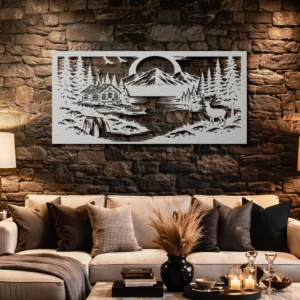 Cabin Waterfall Mountain Scene Metal Art, Oversized Rustic Wilderness Decor, Optional RGB LED, Outdoor Enthusiast Gift