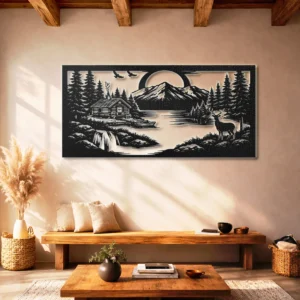 Cabin Waterfall Mountain Scene Metal Art, Oversized Rustic Wilderness Decor, Optional RGB LED, Outdoor Enthusiast Gift