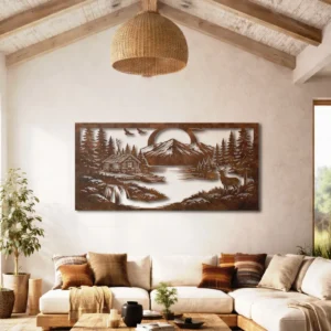 Cabin Waterfall Mountain Scene Metal Art, Oversized Rustic Wilderness Decor, Optional RGB LED, Outdoor Enthusiast Gift