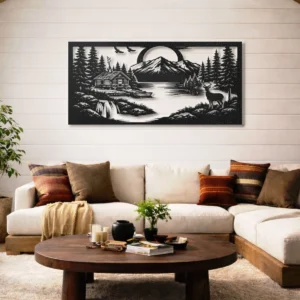 Cabin Waterfall Mountain Scene Metal Art, Oversized Rustic Wilderness Decor, Optional RGB LED, Outdoor Enthusiast Gift