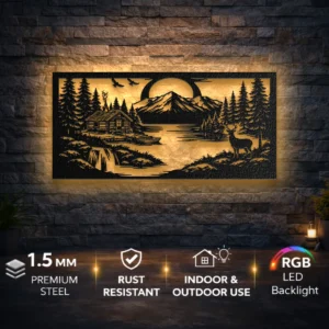 Cabin Waterfall Mountain Scene Metal Art, Oversized Rustic Wilderness Decor, Optional RGB LED, Outdoor Enthusiast Gift