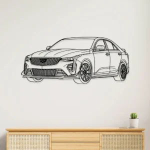 Black metal silhouette of Cadillac CT4 V Blackwing sedan wall art