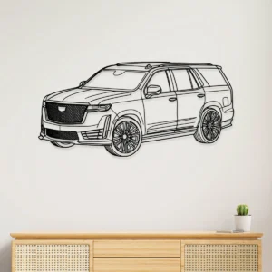Black metal outline art of a Cadillac Escalade V SUV