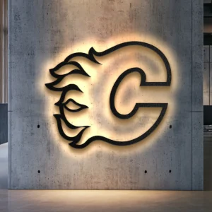 Black metal Calgary Flames logo wall art with bright LED backlighting.