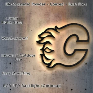 Calgary Flames Metal Logo, Fiery NHL Wall Art, Backlit Game Room Decor, Ultimate Hockey Fan Gift