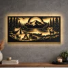 Large rustic metal wall art depicting a camping lake scene.
