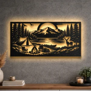 Large rustic metal wall art depicting a camping lake scene.