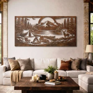 Camping Adventure Lake Scene Metal Wall Art, Oversized Rustic Forest Decor, Optional RGB LED, Nature Lover Gift