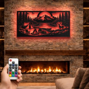 Camping Adventure Lake Scene Metal Wall Art, Oversized Rustic Forest Decor, Optional RGB LED, Nature Lover Gift