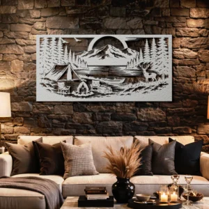 Camping Adventure Lake Scene Metal Wall Art, Oversized Rustic Forest Decor, Optional RGB LED, Nature Lover Gift