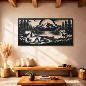 Camping Adventure Lake Scene Metal Wall Art, Oversized Rustic Forest Decor, Optional RGB LED, Nature Lover Gift