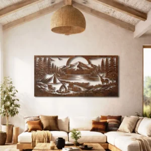 Camping Adventure Lake Scene Metal Wall Art, Oversized Rustic Forest Decor, Optional RGB LED, Nature Lover Gift