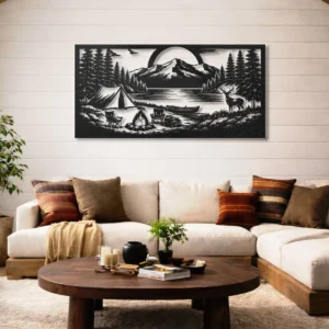 Camping Adventure Lake Scene Metal Wall Art, Oversized Rustic Forest Decor, Optional RGB LED, Nature Lover Gift