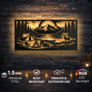Camping Adventure Lake Scene Metal Wall Art, Oversized Rustic Forest Decor, Optional RGB LED, Nature Lover Gift
