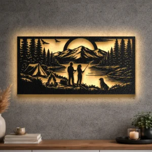 Oversized rustic metal wall art depicting a camping couple fishing by a mountain lake.
