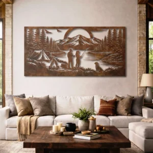 Camping Couple Fishing Metal Sign, Oversized Rustic Mountain Lake Art, Optional RGB LED, Outdoor Adventure Gift