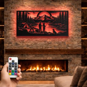 Camping Couple Fishing Metal Sign, Oversized Rustic Mountain Lake Art, Optional RGB LED, Outdoor Adventure Gift