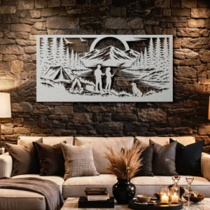 Camping Couple Fishing Metal Sign, Oversized Rustic Mountain Lake Art, Optional RGB LED, Outdoor Adventure Gift