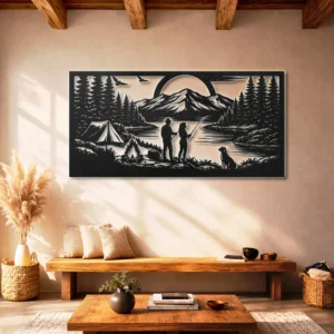 Camping Couple Fishing Metal Sign, Oversized Rustic Mountain Lake Art, Optional RGB LED, Outdoor Adventure Gift