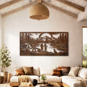 Camping Couple Fishing Metal Sign, Oversized Rustic Mountain Lake Art, Optional RGB LED, Outdoor Adventure Gift