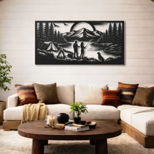 Camping Couple Fishing Metal Sign, Oversized Rustic Mountain Lake Art, Optional RGB LED, Outdoor Adventure Gift