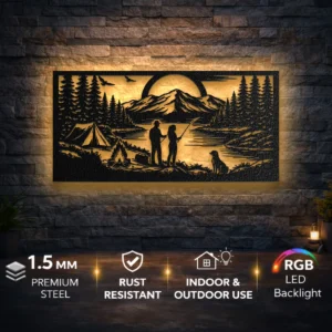 Camping Couple Fishing Metal Sign, Oversized Rustic Mountain Lake Art, Optional RGB LED, Outdoor Adventure Gift