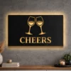 Large Cheers wine glass metal art with LED backlight.
