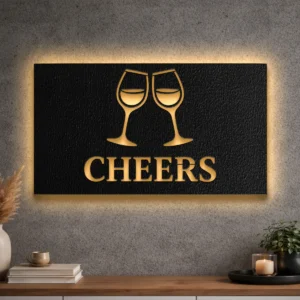 Large Cheers wine glass metal art with LED backlight.