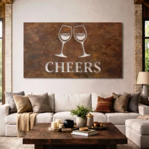 Cheers Metal Wall Art, Large Rustic Wine Glass Sign, Bar Kitchen Decor, Optional LED Backlight, Wine Lover Gift