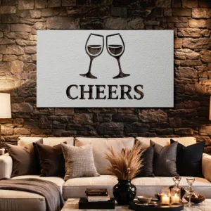 Cheers Metal Wall Art, Large Rustic Wine Glass Sign, Bar Kitchen Decor, Optional LED Backlight, Wine Lover Gift