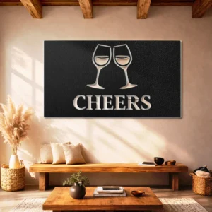 Cheers Metal Wall Art, Large Rustic Wine Glass Sign, Bar Kitchen Decor, Optional LED Backlight, Wine Lover Gift