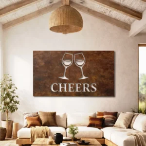 Cheers Metal Wall Art, Large Rustic Wine Glass Sign, Bar Kitchen Decor, Optional LED Backlight, Wine Lover Gift