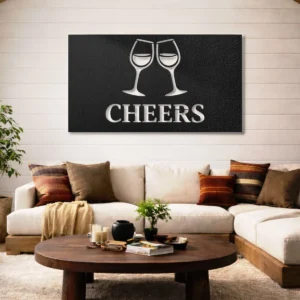 Cheers Metal Wall Art, Large Rustic Wine Glass Sign, Bar Kitchen Decor, Optional LED Backlight, Wine Lover Gift