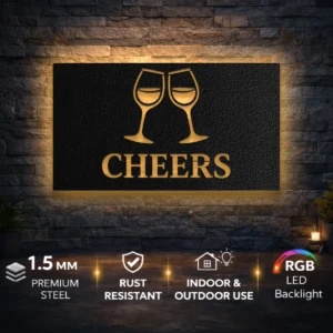 Cheers Metal Wall Art, Large Rustic Wine Glass Sign, Bar Kitchen Decor, Optional LED Backlight, Wine Lover Gift
