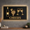An oversized Cheers Wine and Grapes metal wall art with optional LED backlight.