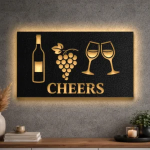 An oversized Cheers Wine and Grapes metal wall art with optional LED backlight.