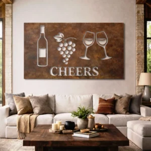 Cheers Wine and Grapes Metal Wall Art, Oversized Rustic Vineyard Decor, Optional LED, Wine Lover Gift