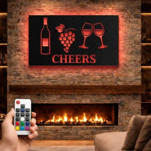 Cheers Wine and Grapes Metal Wall Art, Oversized Rustic Vineyard Decor, Optional LED, Wine Lover Gift