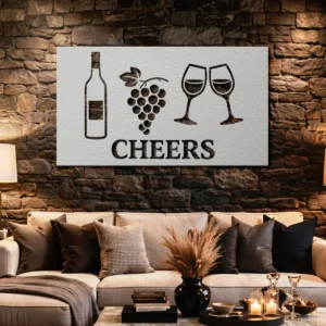 Cheers Wine and Grapes Metal Wall Art, Oversized Rustic Vineyard Decor, Optional LED, Wine Lover Gift