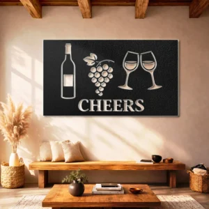 Cheers Wine and Grapes Metal Wall Art, Oversized Rustic Vineyard Decor, Optional LED, Wine Lover Gift